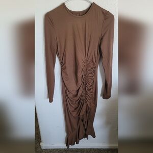Brown Ruched Long Sleeve Sheath Dress